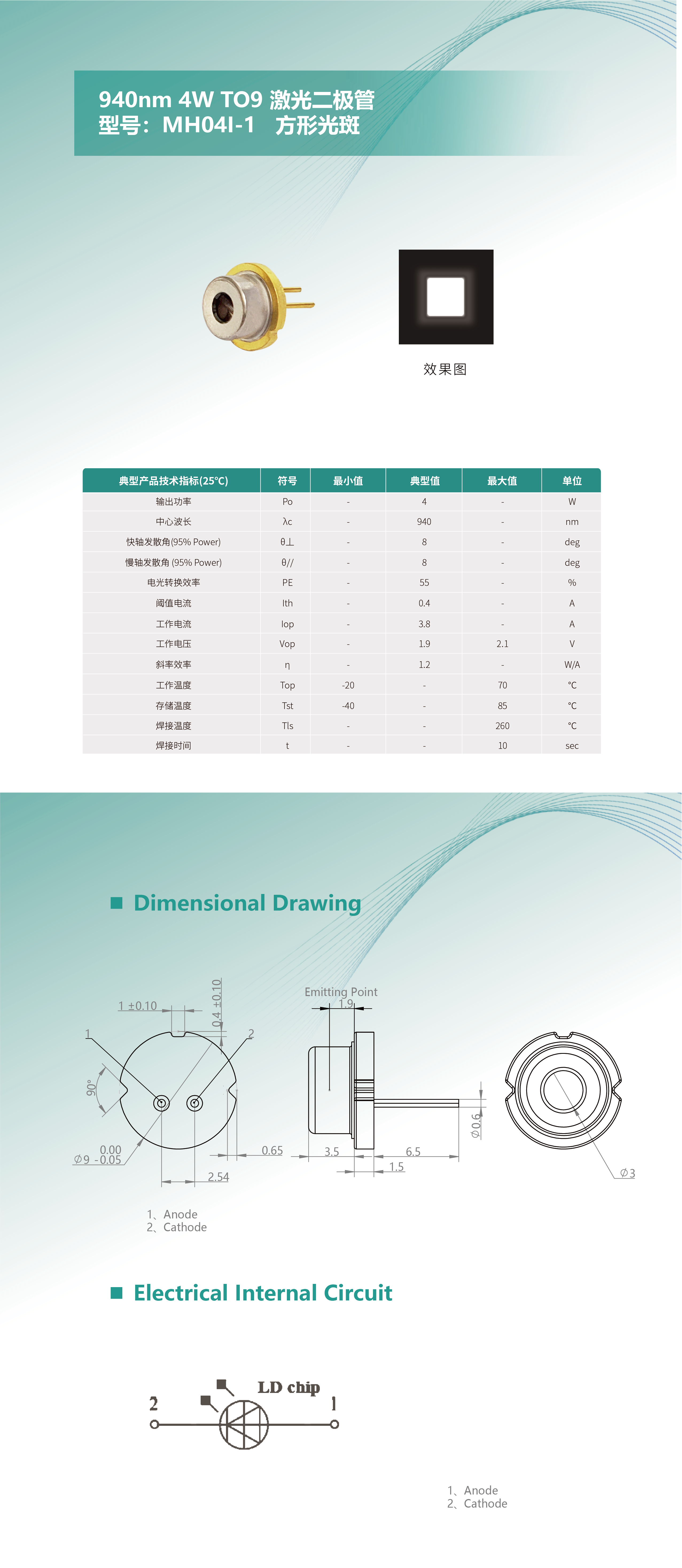 940nm 4W TO9 激光二极管 MH04I-1 长图