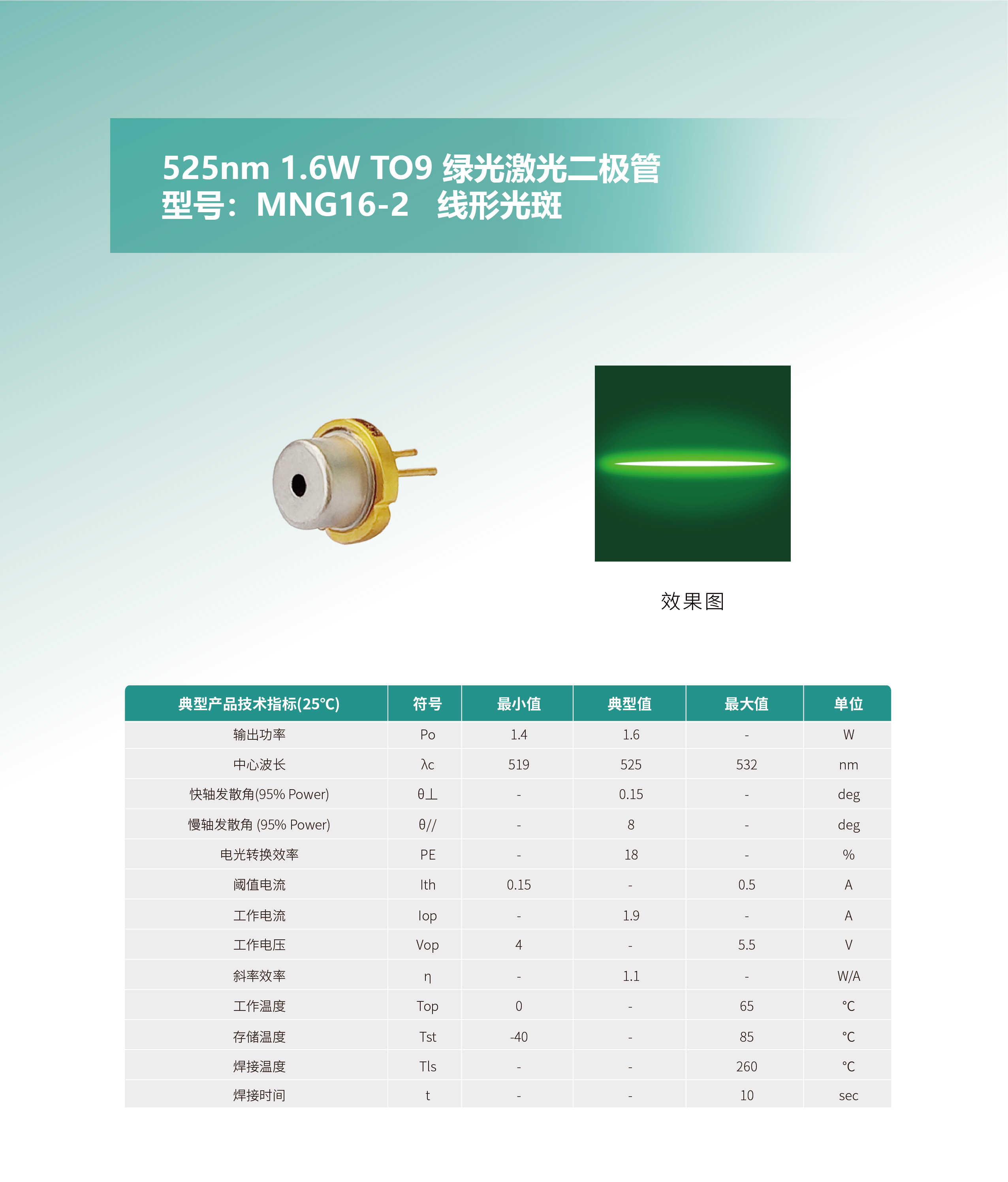 525nm 1.6W TO9 绿光激光二极管MNG16-2 网站