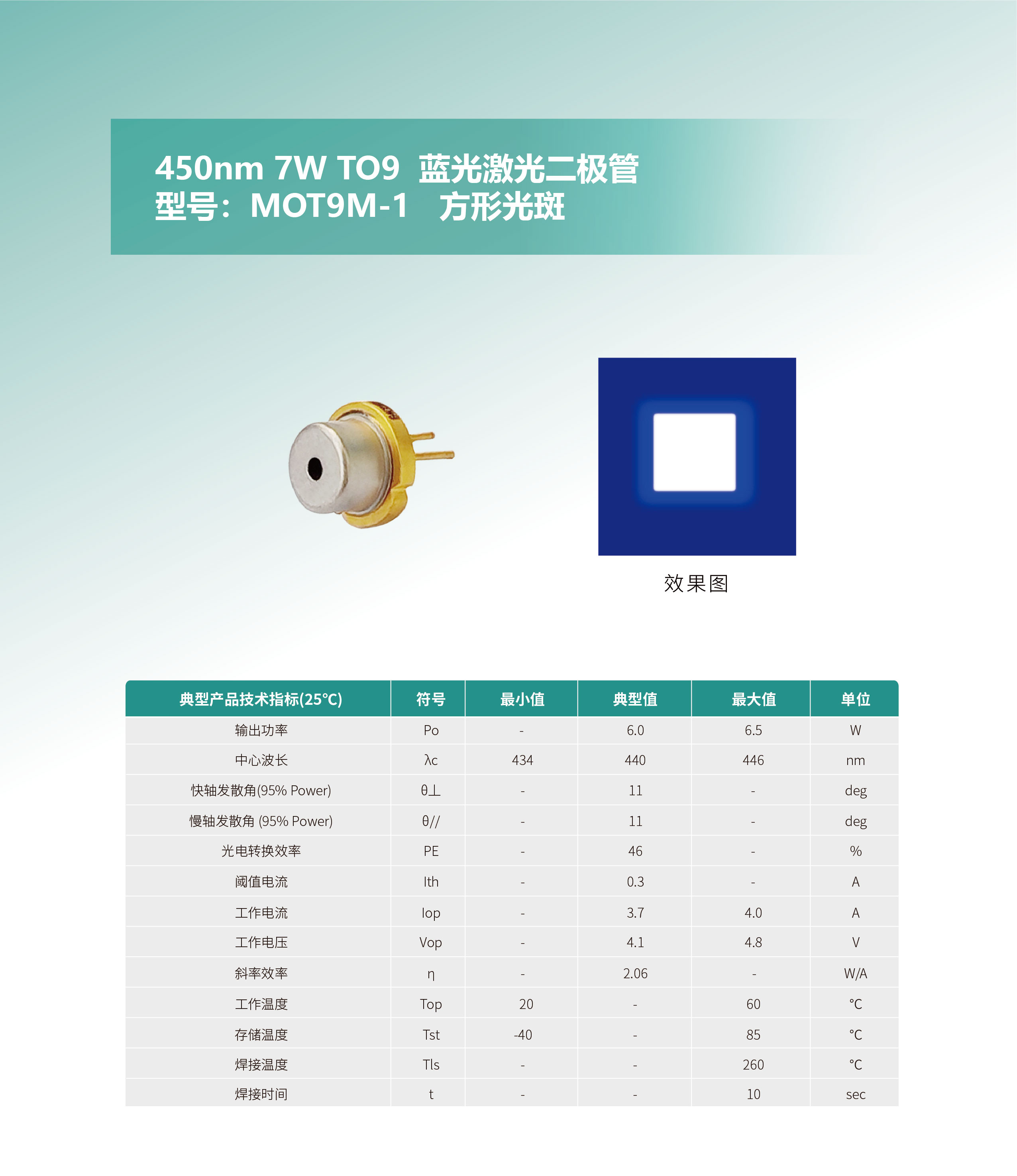 450nm-7W-TO9--蓝光激光二极管（MOT9M-1）