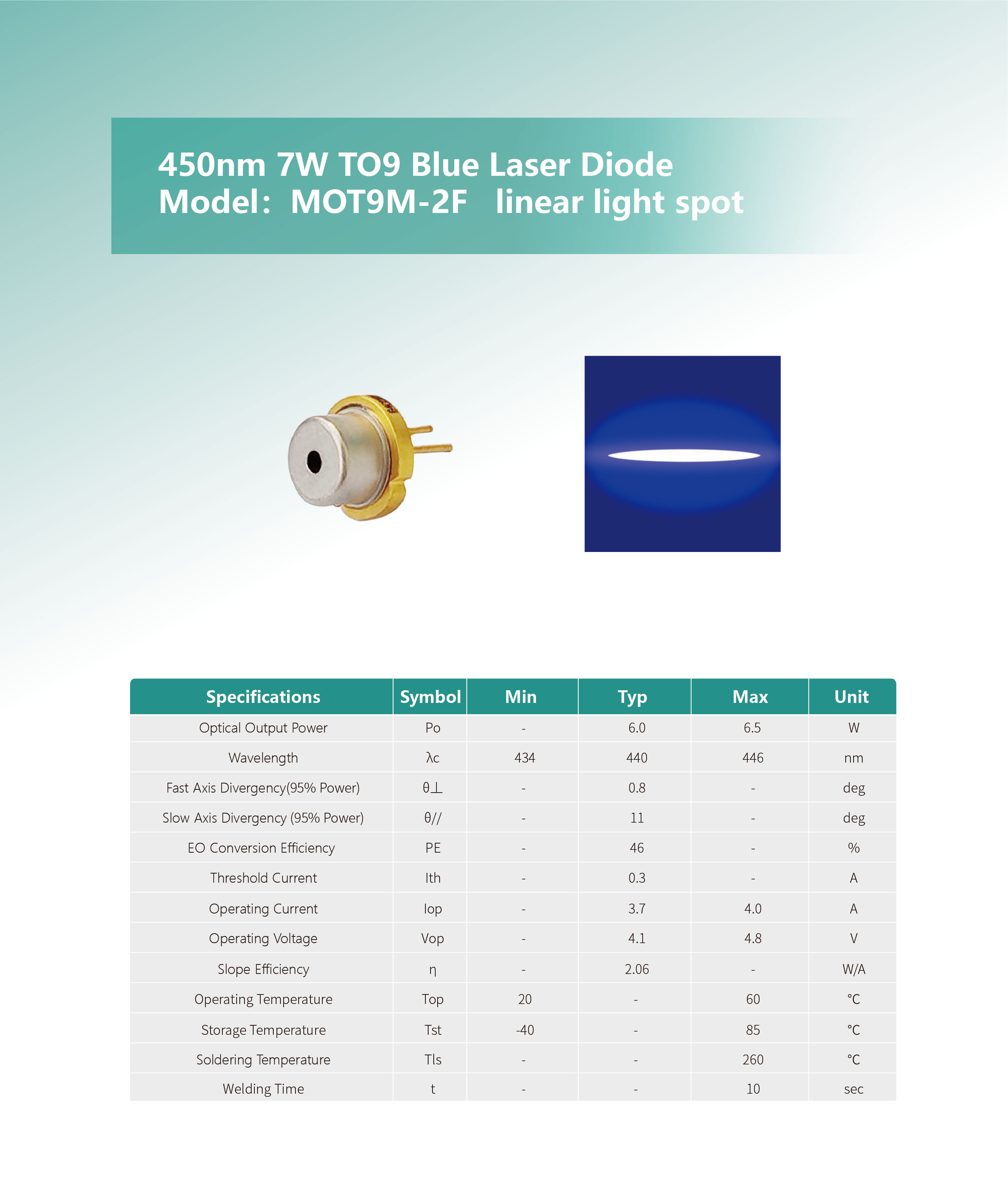 450nm-7W-TO9--Blue-Laser-Diode（MOT9M-2F）